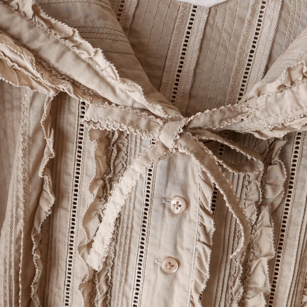 ワンダフルワールド　フードブラウス　フリル　ホワイト　レディース　リボン　古着 ワンダフルワールドフードブラウスフリルホワイトレディース