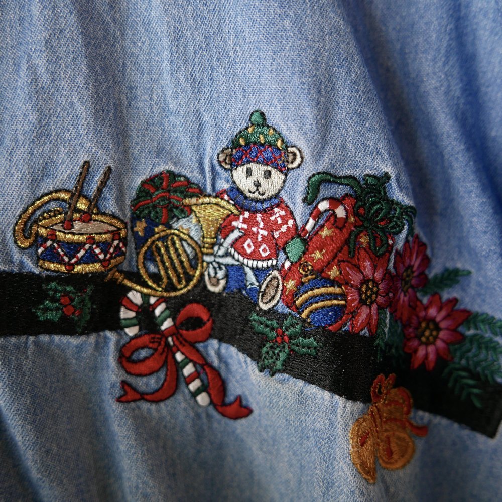 くまちゃん刺繍ベロア襟デニムシャツ－古着屋マッシュ