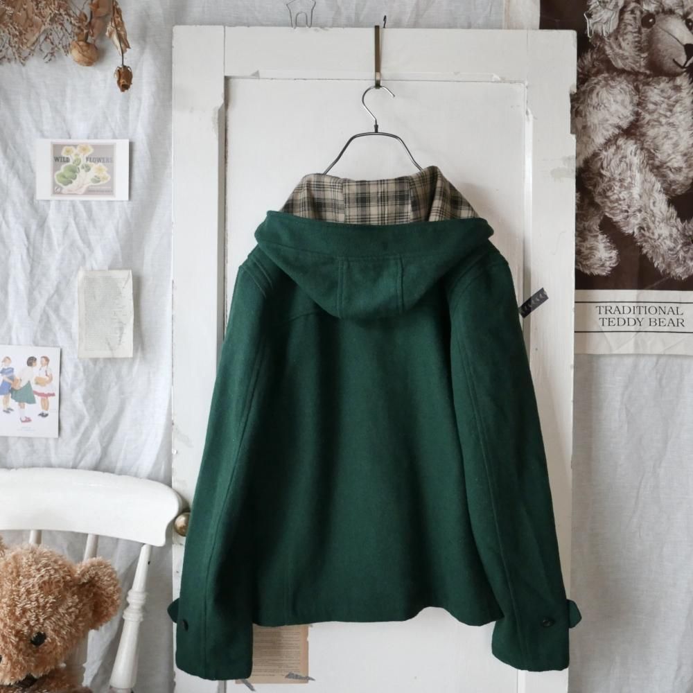 Green×Check ミディアムダッフルコート-古着屋マッシュ