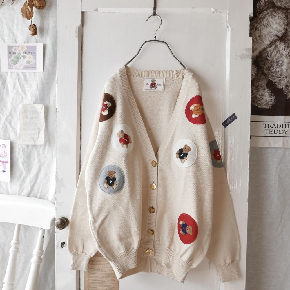 90's PINK HOUSE くまちゃんワッペンCOTTONカーディ-古着屋マッシュ 90's PINK HOUSE くまちゃんワッペンCOTTONカーディ-古着屋マッシュ