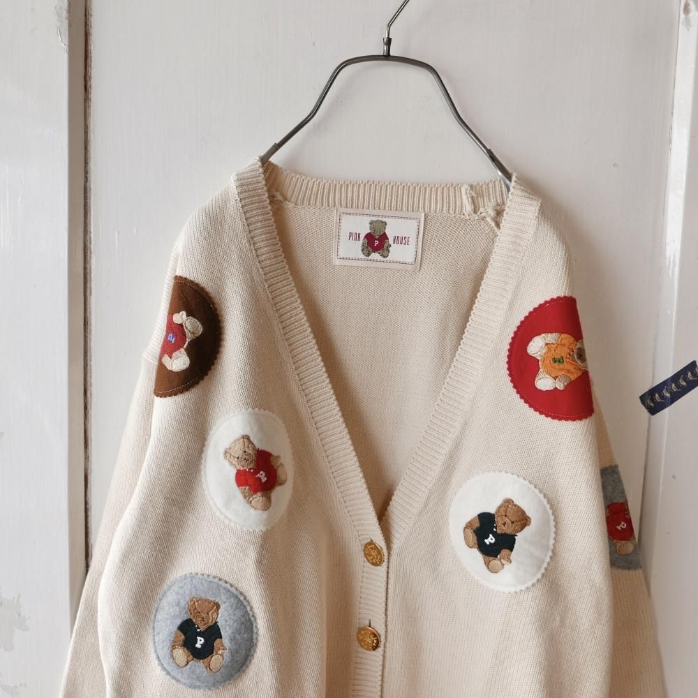 90's PINK HOUSE くまちゃんワッペンCOTTONカーディ-古着屋マッシュ 90's PINK HOUSE くまちゃんワッペンCOTTONカーディ-古着屋マッシュ