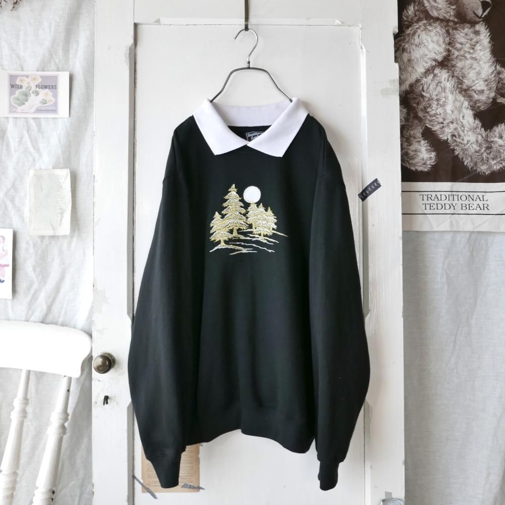 Southern Lady モミの木と満月の刺繍 襟付きスウェット-古着屋 Southern Lady モミの木と満月の刺繍 襟付きスウェット-古着屋