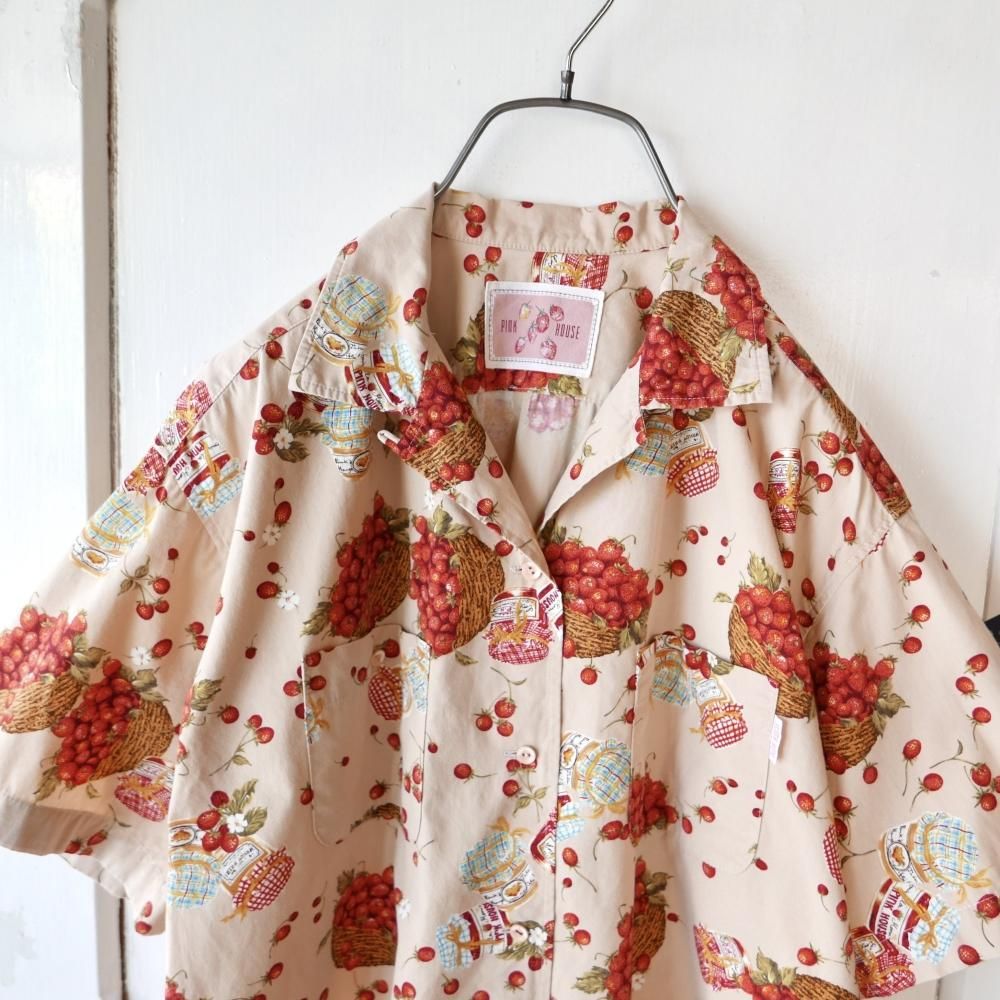 PINK HOUSE いちごとジャム瓶のシャツ-古着屋マッシュ PINK HOUSE いちごとジャム瓶のシャツ-古着屋マッシュ