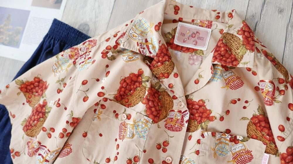 PINK HOUSE いちごとジャム瓶のシャツ-古着屋マッシュ PINK HOUSE いちごとジャム瓶のシャツ-古着屋マッシュ