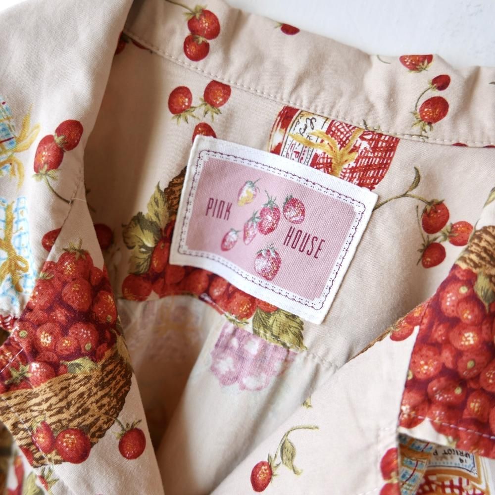 PINK HOUSE いちごとジャム瓶のシャツ-古着屋マッシュ PINK HOUSE いちごとジャム瓶のシャツ-古着屋マッシュ