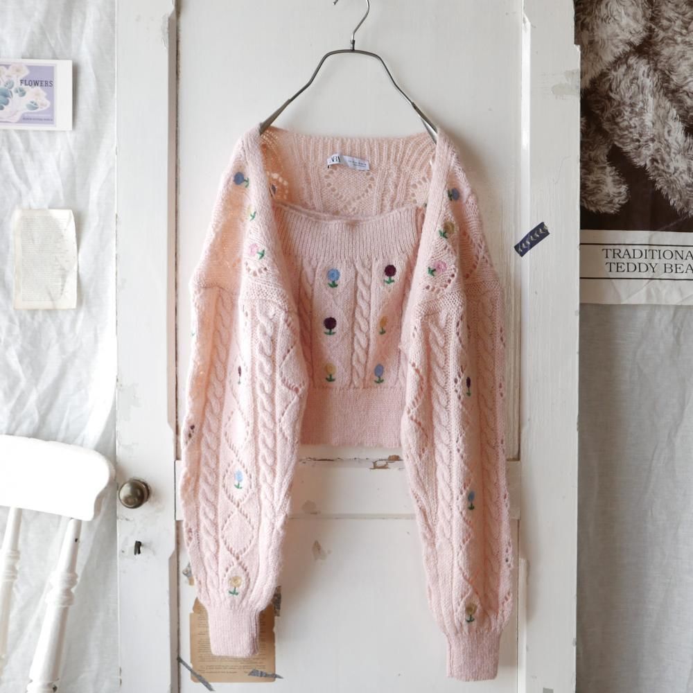ZARA フラワー刺繍ニットアンサンブル ー古着屋マッシュ