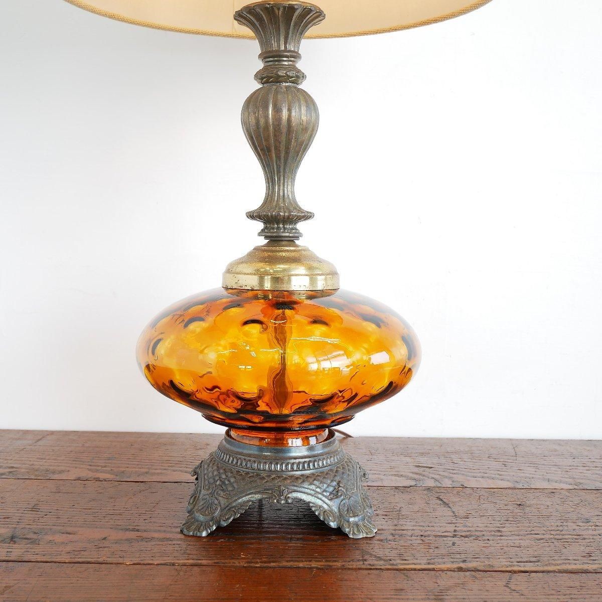 美品 アンバー ガラス 卓上ランプ アンティークランプ ヴィンテージ アンバーガラス テーブルランプ アメリカ アンティーク