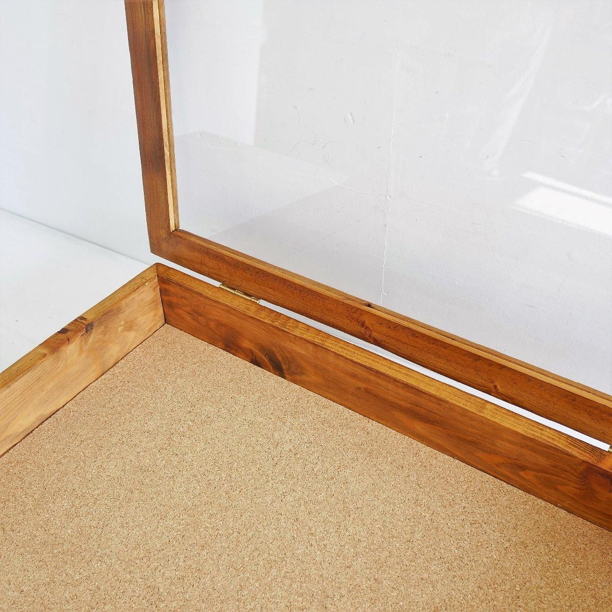 アメリカ ヴィンテージ ガラスのふた付 木製ショーケース コルク