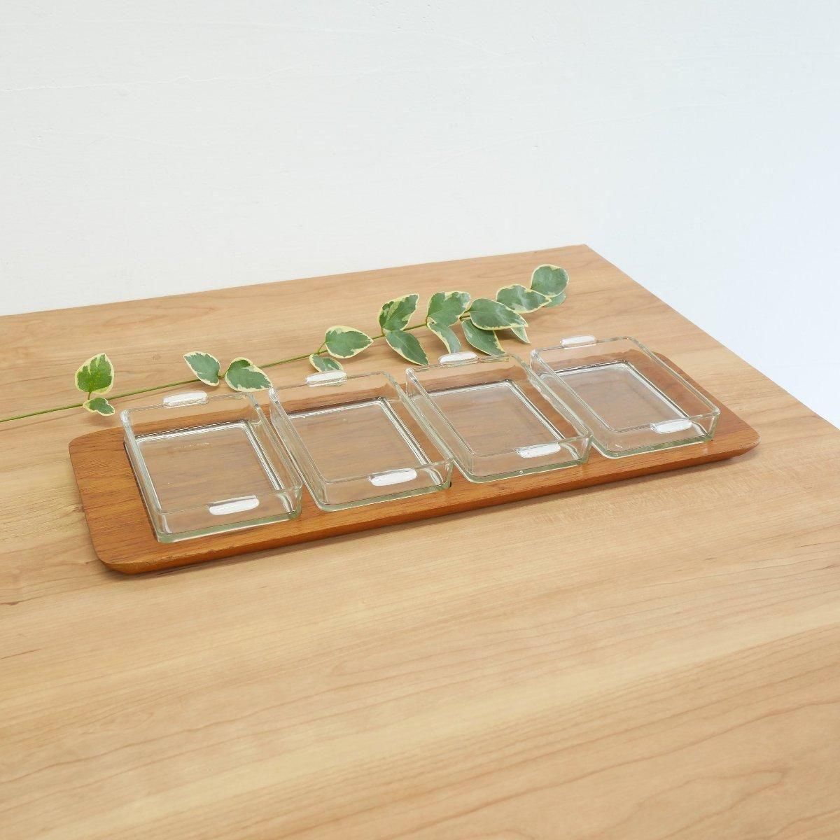 Digsmed Denmark 北欧　アンティーク　チーク　トレイ　ガラス　皿 Digsmed Denmark 北欧アンティークチークトレイガラス皿