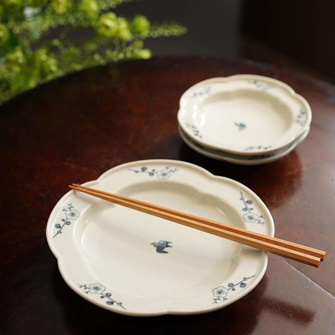 梅花と鳥の絵柄 陶器プレート 梅花6寸皿 / スタジオエム マルミツポテリ