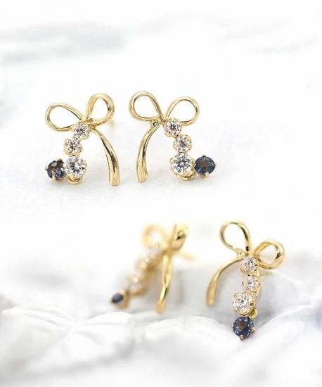 リボン ピアス レディース 10金 サファイア 9月誕生石 りぼん
