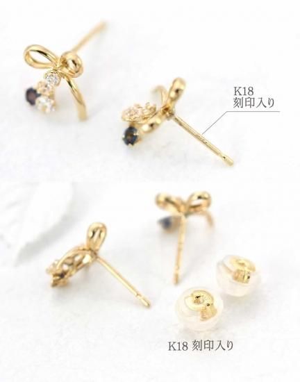 女性へのプレゼント K18YG サファイア リボン ピアス 18金