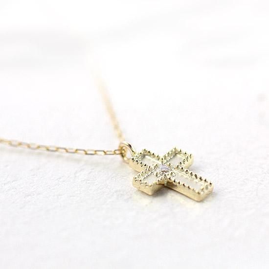 ブランドのギフト 4月誕生石のアクセサリー K10 ダイヤモンド クロス ネックレス ゴールド