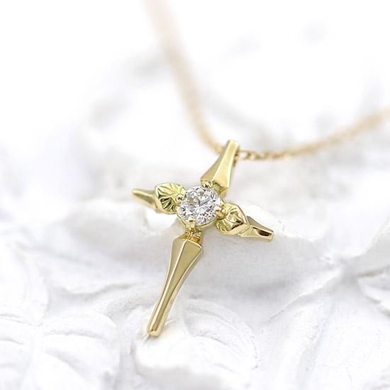 K 心葉 ダイヤモンド 0.1ct 葵×クロスネックレス 金イエロー