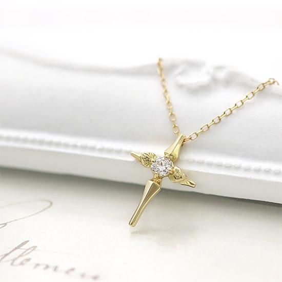 誕生日プレゼント K18 心葉 ダイヤモンド 0.1ct 葵×クロス
