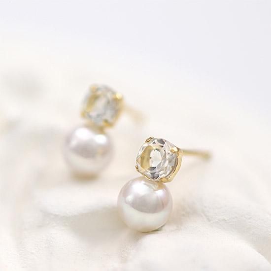 希少 K18 あこや 本真珠 パール ピアス ホワイトトパーズ 半貴石 ハート k18ホワイトゴールド本真珠×ホワイトトパーズピアス