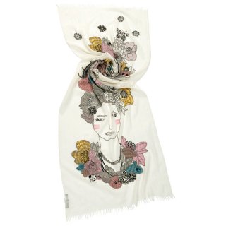 【送料無料】フェイス 薄手ウール&シルク アリー手刺繍ストール 60cm×190cm(ホワイト) 