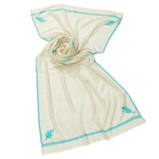 手織り カシミヤ ニードル手刺繍 ショール(ホワイト/ターコイズ) 