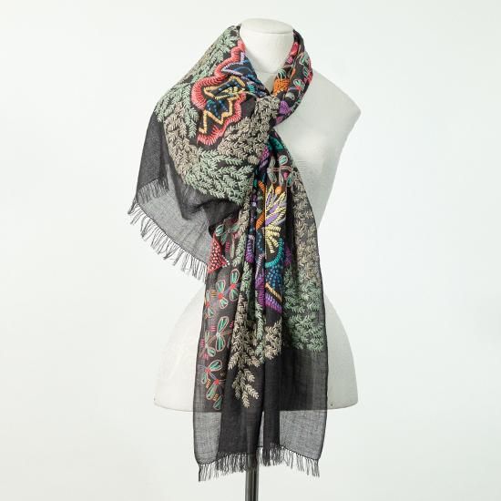 ウール&シルク 手刺繍ストール 60cm×190cm(オフブラック) S ウール&シルク 手刺繍ストール 60cm×190cm(オフブラック) S