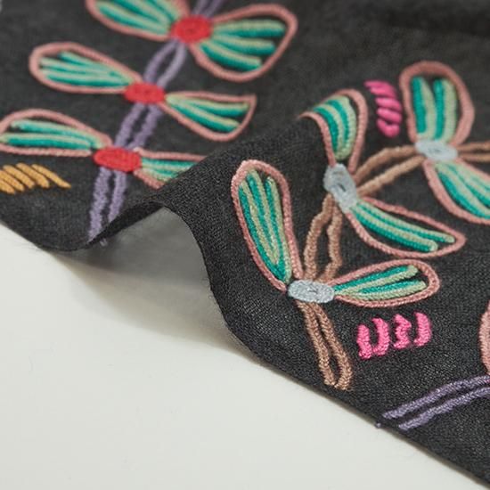 ウール&シルク 手刺繍ストール 60cm×190cm(オフブラック) S ウール&シルク 手刺繍ストール 60cm×190cm(オフブラック) S