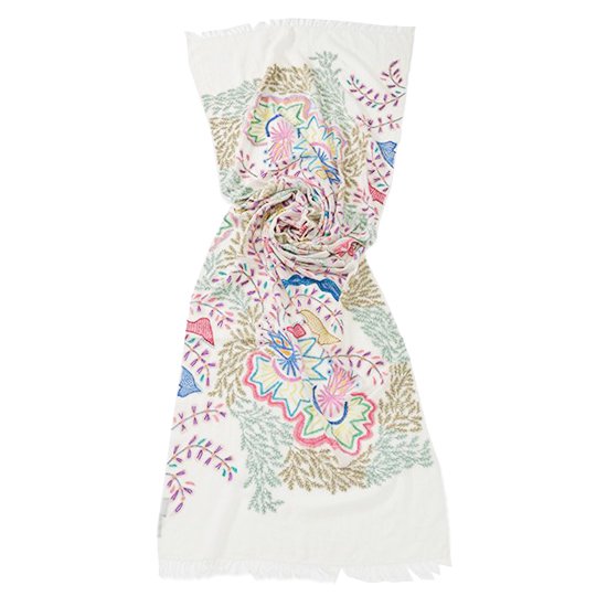 ウール&シルク アリー手刺繍ストール 65cm×195cm(ホワイト/ピンク
