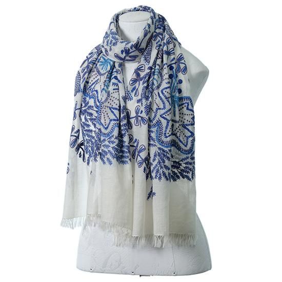 【送料無料】ウール&シルク 手刺繍ストール 65cm×195cm(ホワイト/ネイビー) - TARA BLANCA OFFICIAL ONLINE  STORE