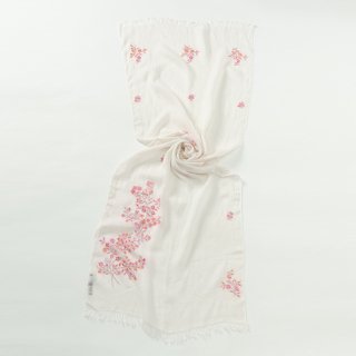 【10%OFF】小花柄 麻素材 アリー手刺繍 ストール(ホワイト/ピンク)