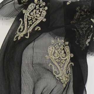 シルク ニードル手刺繍ストール 30cm×155cm(ブラック/ホワイト) 