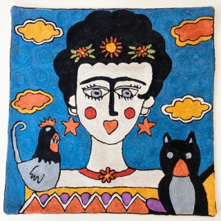 【20%OFF】Frida Kahlo フリーダ・カーロ 手刺繍クッションカバー 45cm×45cm(ブルー) R-RA4545FC_0298_SUN