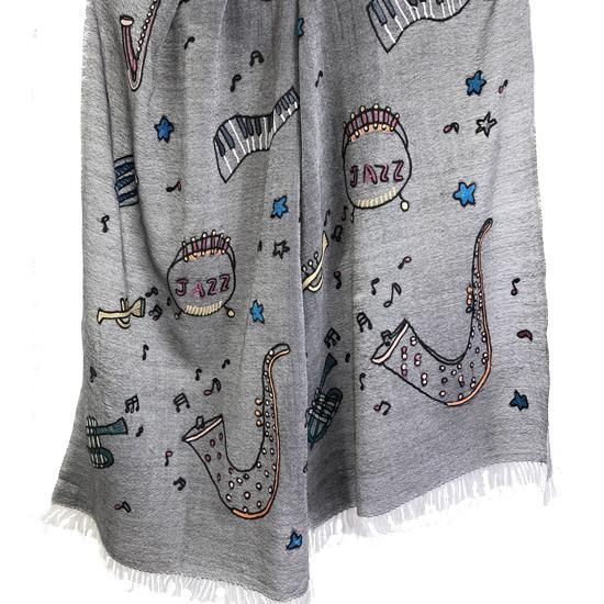 JAZZ柄 ウール/シルク アリー手刺繍ストール 40cm幅(グレージュ JAZZ柄 ウール/シルク アリー手刺繍ストール 40cm幅(グレージュ