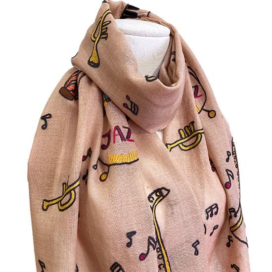 JAZZ柄 ウール/シルク アリー手刺繍ストール 40cm幅(ベージュ) S JAZZ柄 ウール/シルク アリー手刺繍ストール 40cm幅(ベージュ) S