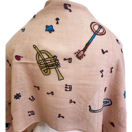 JAZZ柄 ウール/シルク アリー手刺繍ストール 40cm幅(ベージュ) S JAZZ柄 ウール/シルク アリー手刺繍ストール 40cm幅(ベージュ) S
