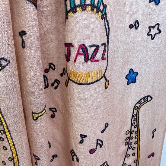 JAZZ柄 ウール/シルク アリー手刺繍ストール 40cm幅(ベージュ) S