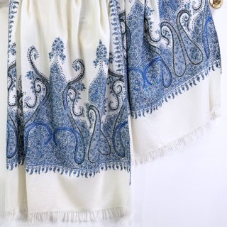 ウール ニードル手刺繍ストール 190cm×60cm(ホワイト/ブルー) S-WN4001_0288