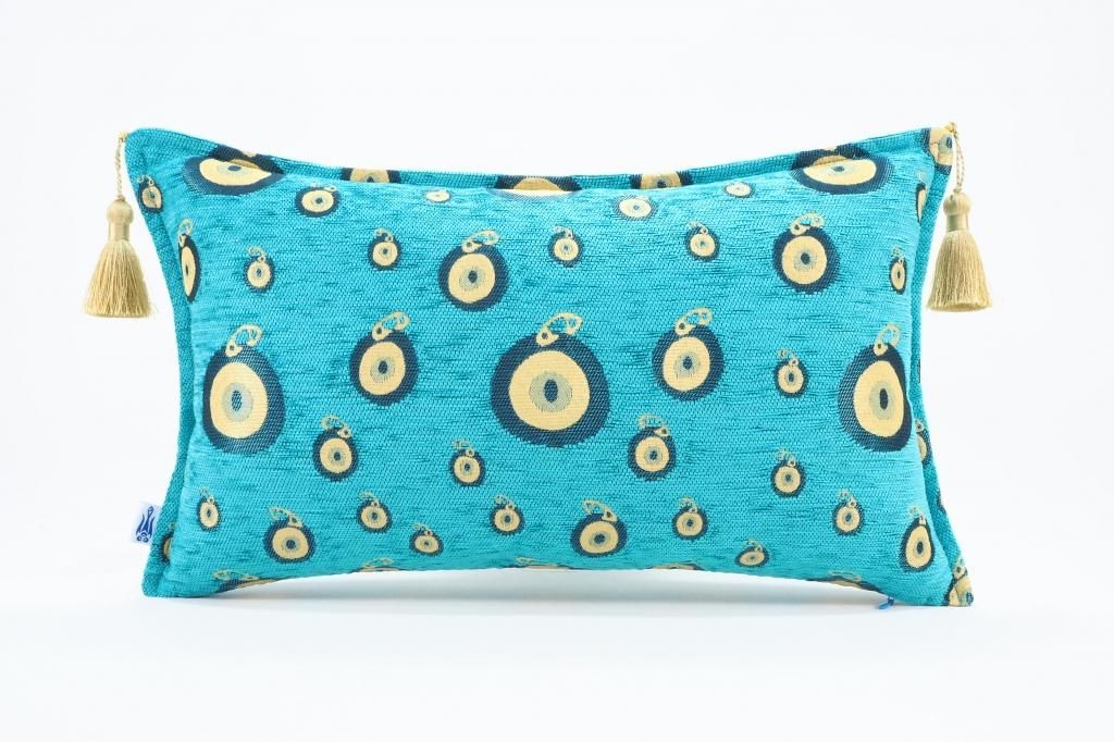 トルコファブリッククッション50x30cm ターコイズブルー