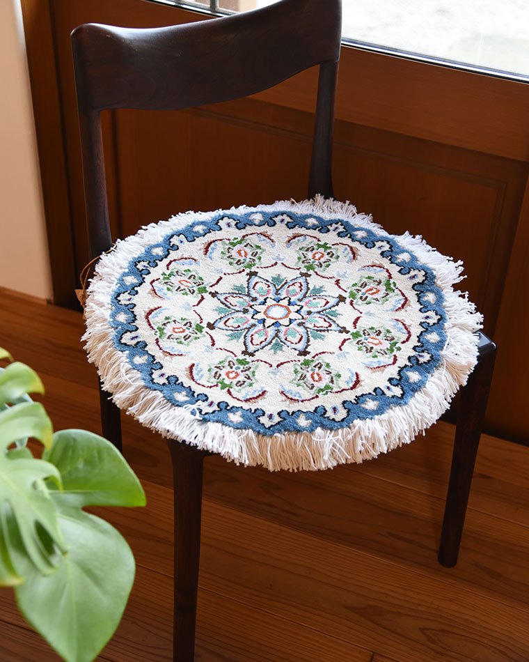ペルシャ絨毯 ナイン 円形 マット シート 直径約40cm ベージュ×ブルー