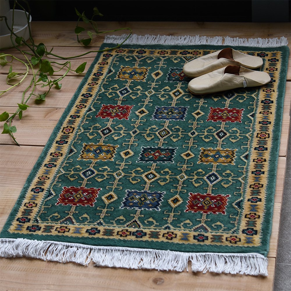 パキスタン緞通 玄関マット ウール 手織 グリーン 9×14 60×90cm 絨毯 