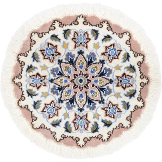 ペルシャ絨毯 ナイン 円形 座布団サイズ マット シート 直径約40cm ピンク×アイボリー
