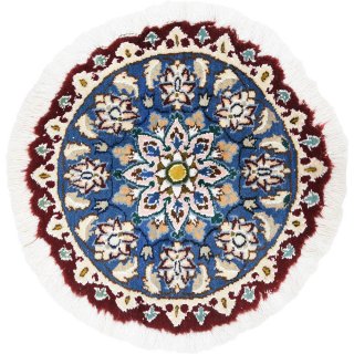 ペルシャ絨毯 ナイン 円形 座布団サイズ マット シート 直径約40cm ブルー×エンジ
