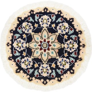 ペルシャ絨毯 ナイン 円形 座布団サイズ マット シート 直径約40cm ネイビー系