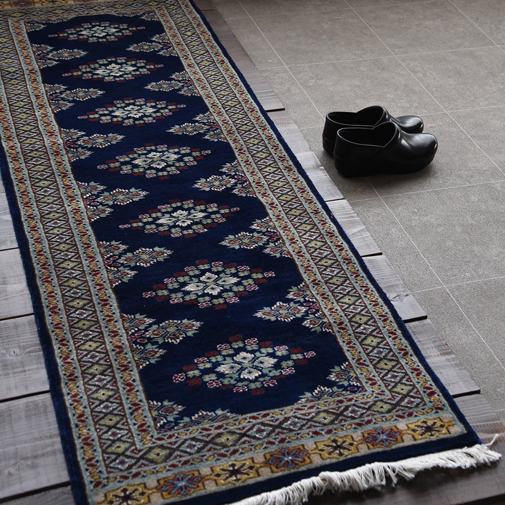パキスタン緞通 手織 ウール 絨毯 10×20 ブルー系 ランナー 幅広玄関 