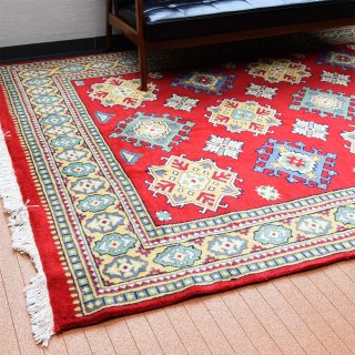 パキスタン絨毯 6×8 手織 ウール ラグ 幾何学模様 オクタグラム 赤系 約200×250�