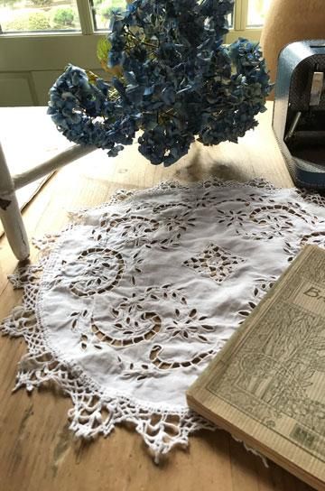アンティーク ポワンドベニス オープンワーク水色刺繍 超大判クロス フィレレース アンティーク ポワンドベニス オープンワーク水色刺繍 超大判