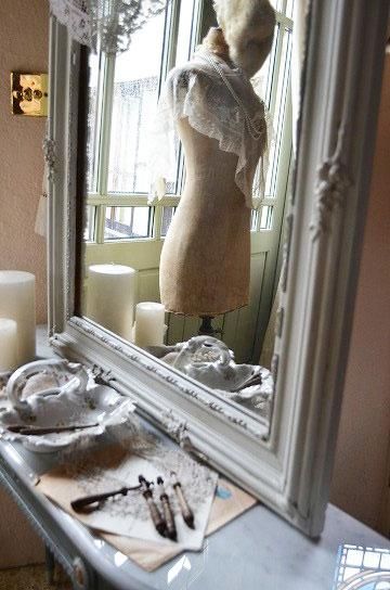 フランスアンティーク3面パーティション※ローズパニエ柄両面開ロココリボン装飾 フランスアンティーク 小花コサージュ＆アンティークレース