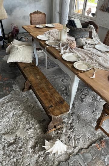 アンティークベンチ 木製 布張り アンティーク風ベンチ | 木製 麻張り - アンティーク風無垢材