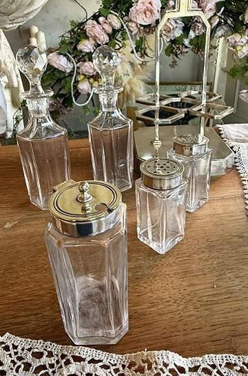 シルバー　アンティーク　コンディメント　調味料 シルバープレート】c.1920 調味料入れ(Cruet)◇4点セット