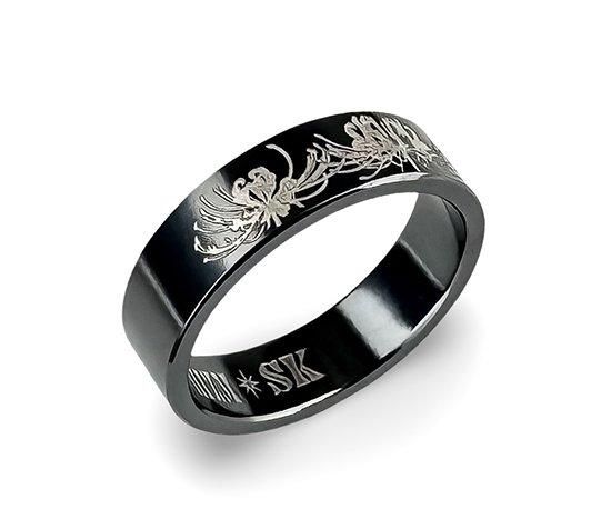 Hizm/SK accessory/黒銀燦然彼岸花リング6mm幅 マットブラック