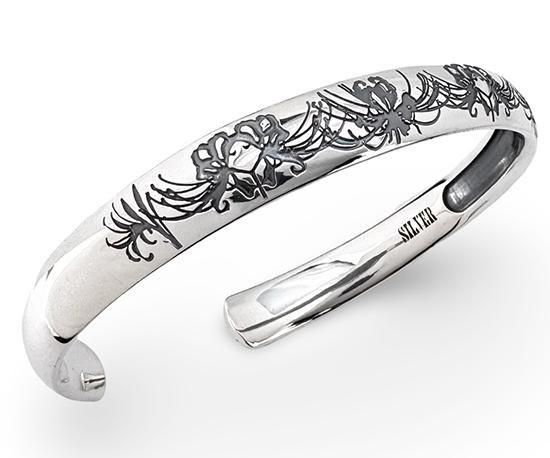 連珠彼岸花バングル9mm幅/SV925/燻し鏡面仕上げ - シルバー