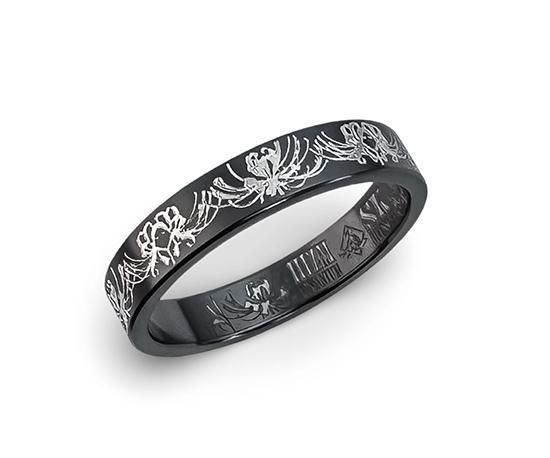 花模様の金属製リング Hizm/SK accessory/黒銀輪舞彼岸花リング4mm幅/ブラックチタン製