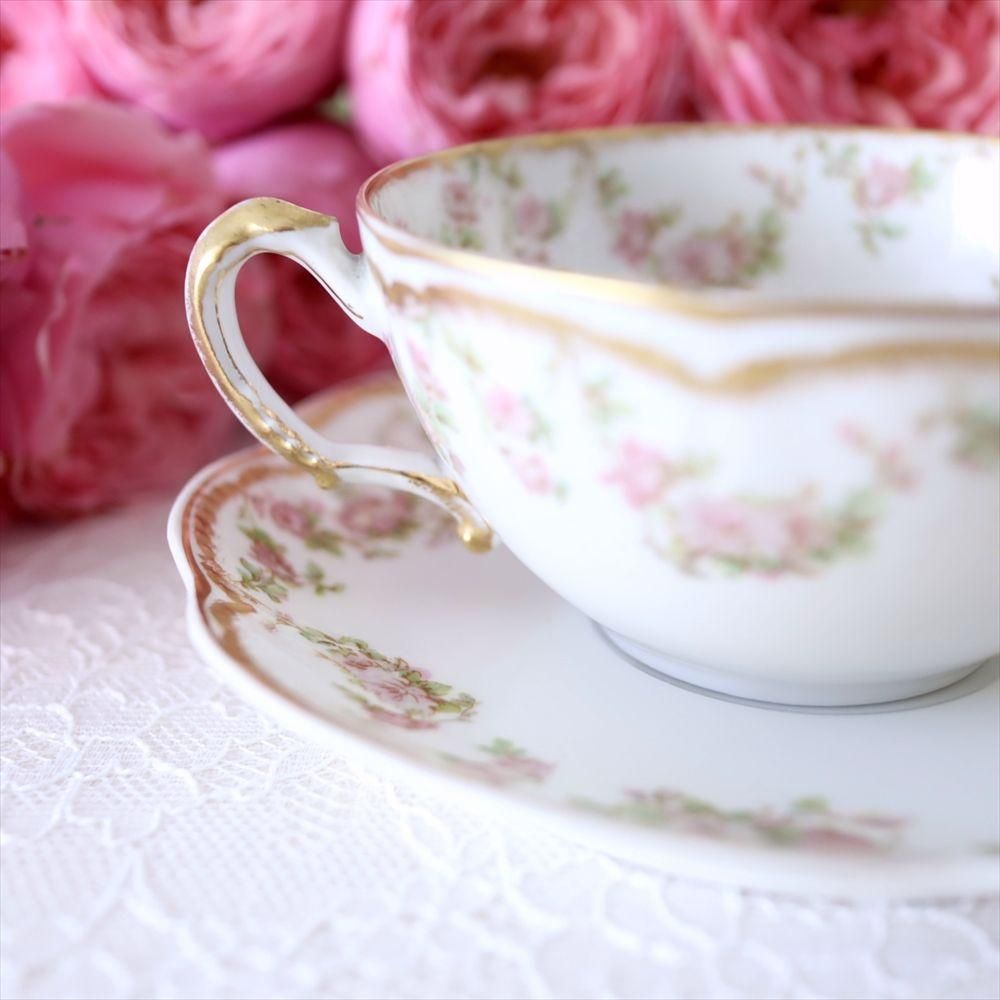 アビランドリモージュ ピンクの薔薇のカップ＆ソーサー - リボン